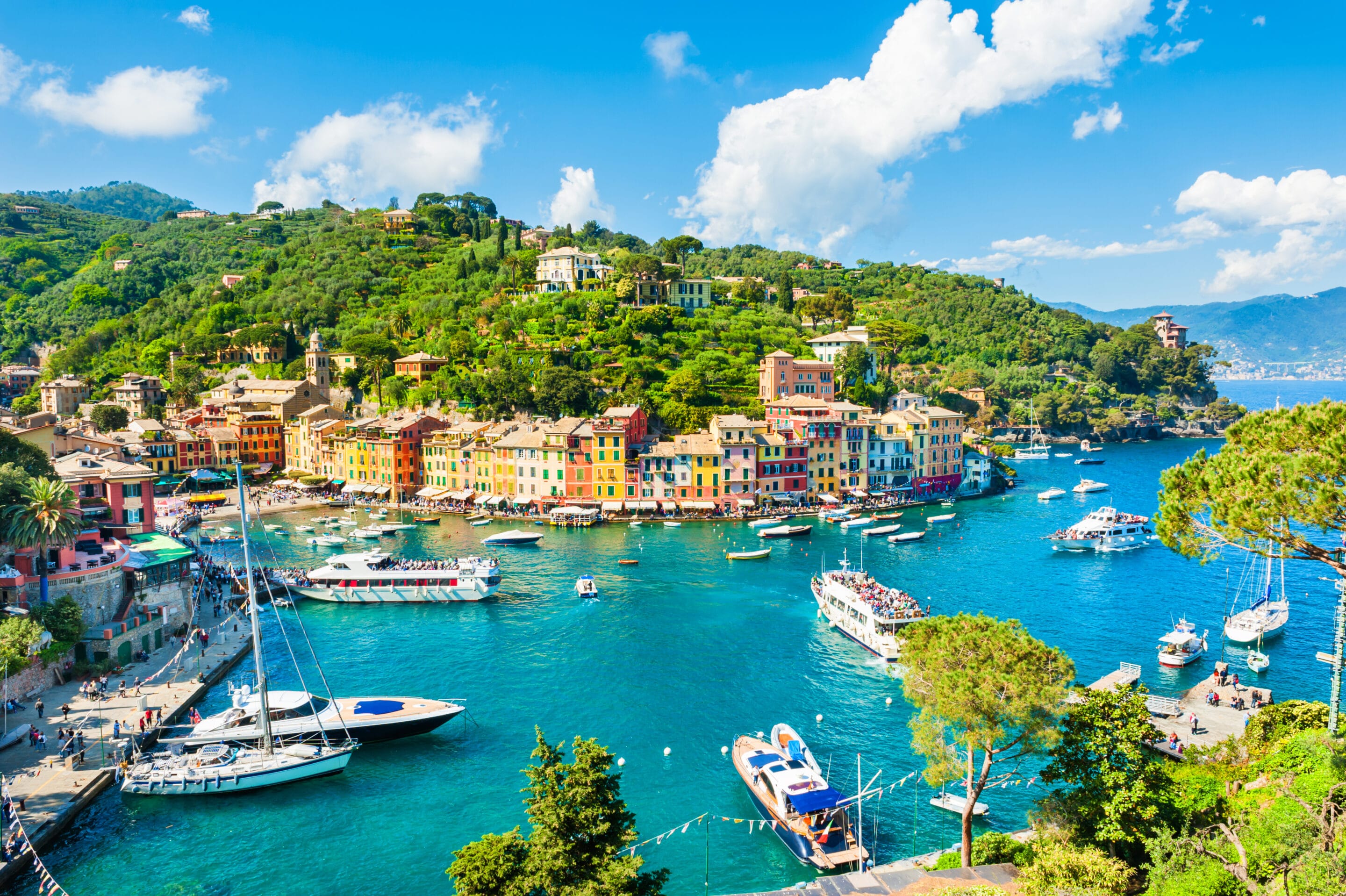 A view of the port of Portofino, a famous tourist destination on the Ligurian Riviera