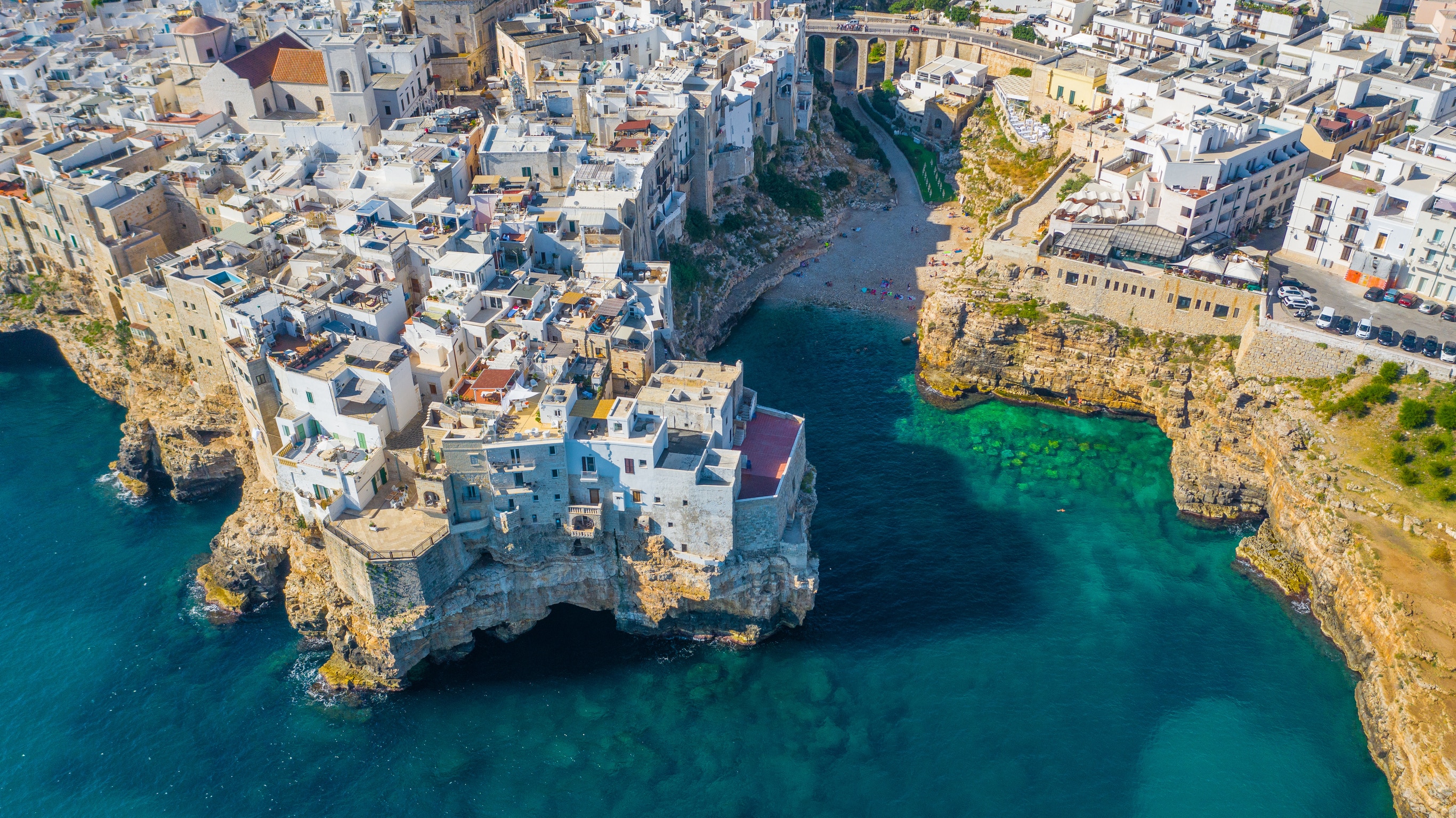 Aerial view of the beach lama monachile cala porto in the italian city polignano a mare, Italy