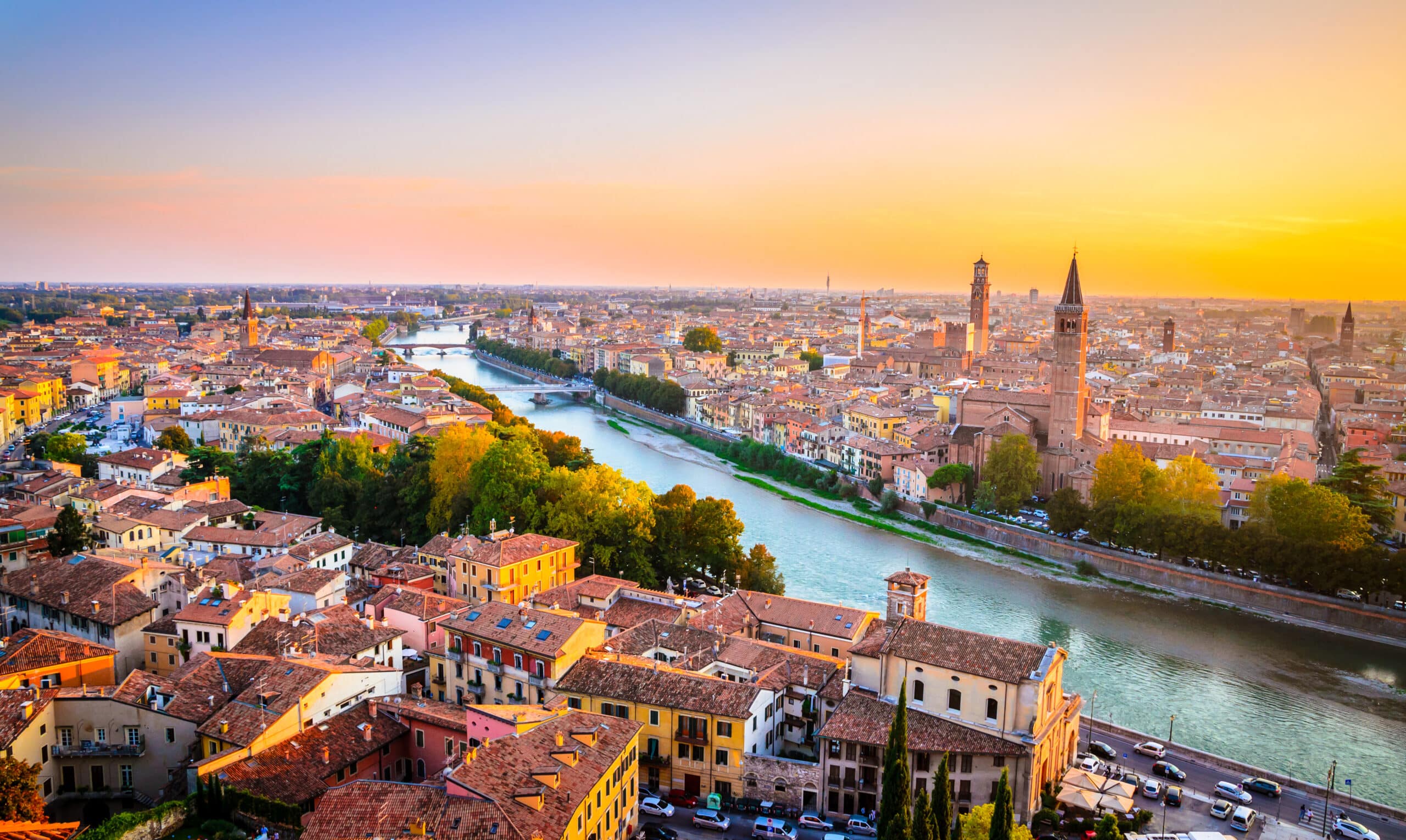 Beautiful sunset aerial view of Verona, Veneto region, Italy