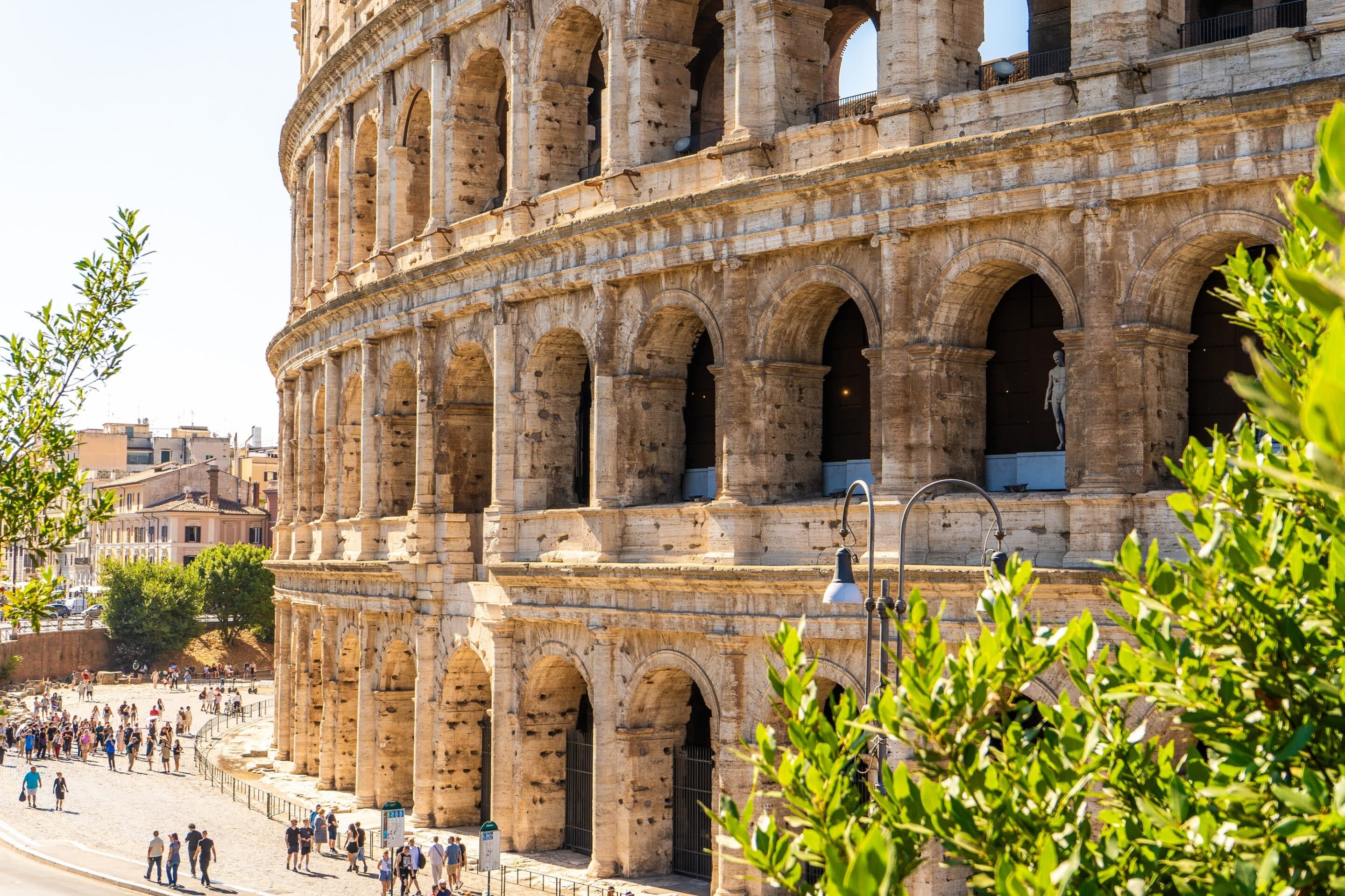 The exterior facade of the Colosseum in Rome, Italy